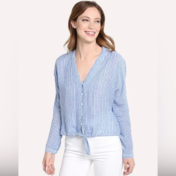 Rails Tops - RAILS Sloane Linen Blue Azure Stripe Front Tie Top Shirt Size Large